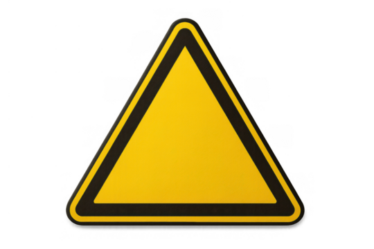 Blank yellow triangle warning sign providing clear hazard attention symbol with transparent background - Powered by Adobe
