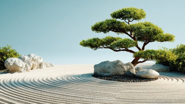 A calm zen garden showcases a beautifully shaped tree surrounded by smooth stones and raked sand patterns under a bright blue sky. The scene evokes tranquility and peace. - Powered by Adobe