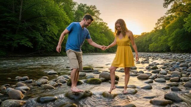 Young adult caucasian couple holding hands while walking barefoot on rocks across a shallow river. Romantic outdoor adventure concept showing a journey and connection in nature