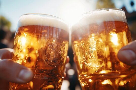 Two friends raising glasses of amber beer in a warm outdoor setting, capturing a joyful moment of camaraderie and celebration with sunlight illuminating their drinks