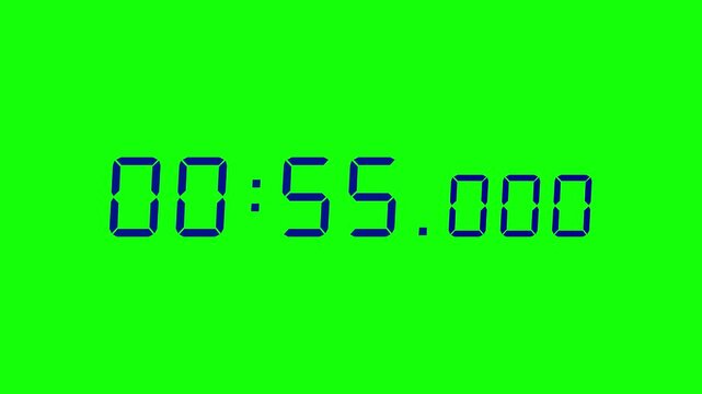 7 digits navy blue digital countdown timer starting at 01:00:00 (60 seconds) on green screen, featuring crisp seven-segment numerals with minutes, seconds, and milliseconds displayed prominently.