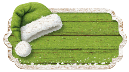 Festive green santa hat on rustic wooden board with snow design