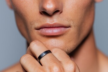 Close up of a male model's hand holding a modern smart ring, showcasing sleek design and elegant style, emphasizing contemporary fashion and accessories
