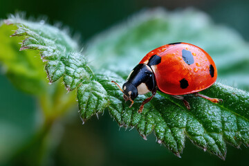Naklejka premium Ladybug with Water Droplets on Green Leaf