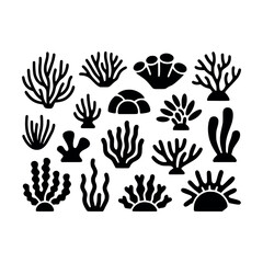 Obraz premium Coral silhouettes, marine vector, ocean shapes, reef clipart, underwater icons, sea life graphics, black coral set, aquatic design elements
