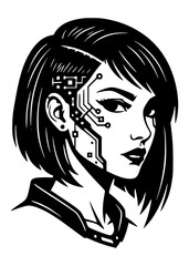 Cyberpunk girl with black hair and blue tech implants 