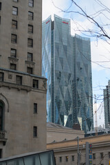 Fototapeta premium Fairmont Royal York hotel, Union Station, and Canadian Imperial Bank of Commerce newly constructed headquarters known as CIBC Square complex at 81 and 141 Bay St Toronto