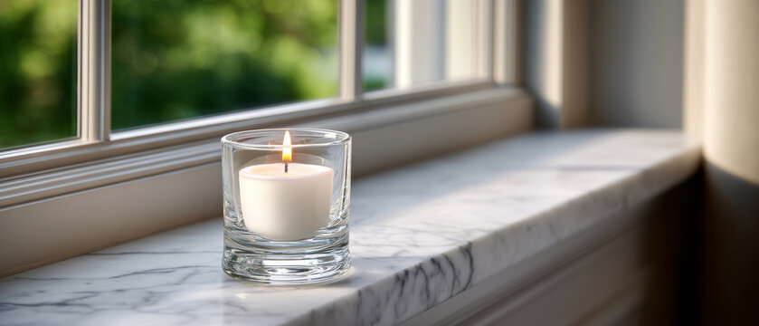 Lit white candle in clear glass holder placed on marble windowsill with natural light and blurred green outdoor background