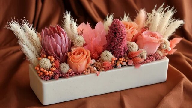 Elegant preserved flower arrangement showcasing droughtresistant blooms with earthy tones perfect for sustainable home decor or ecofriendly gift ideas.