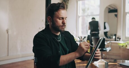 Tablet, stylus and writing with man in salon for hair stylist appointment, barbershop schedule and planning. Hairdresser reminder, entrepreneur and business owner with person and tech in store