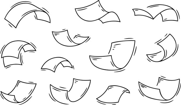 Flying paper sheets in doodle style. Hand drawn blank document pages. Falling files of documents. Office business vector illustration.