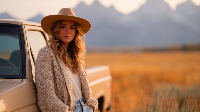 Stylish woman in a western-inspired outfit with a hat, leaning against a vintage car in a scenic landscape, showcasing a relaxed and adventurous spirit in nature