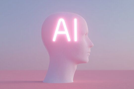 Stylized human head silhouette in soft pastel colors with glowing neon letters 'AI' representing artificial intelligence and modern technology concepts in a minimalistic design