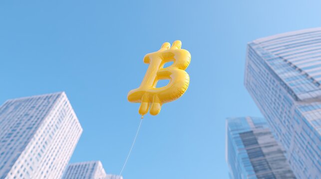 Surreal image of a yellow Bitcoin balloon floating above modern skyscrapers in a vibrant blue sky, symbolizing innovation and the future of finance with copy space