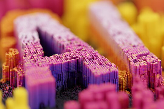 Abstract close-up of vibrant modular typography showcasing the letters A and I, constructed from colorful blocks, emphasizing futuristic design and innovative aesthetics