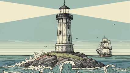 Illustration of a lighthouse on a rocky island with a ship sailing in the distance at sea coast line