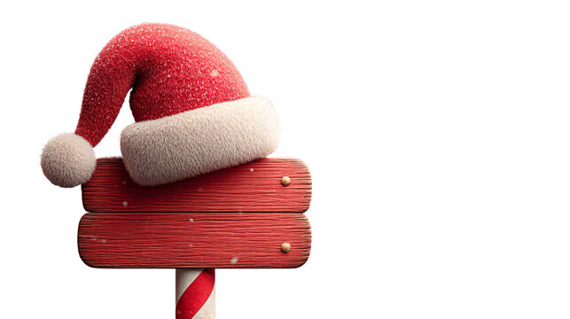 Santa hat on wooden sign for holiday message on transparent