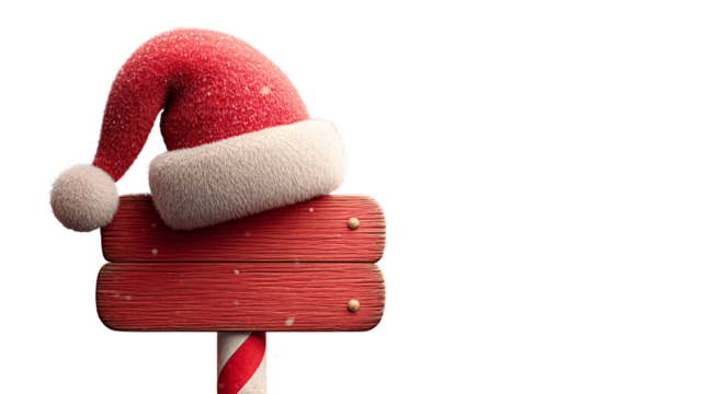 Santa hat on wooden sign for holiday message on transparent