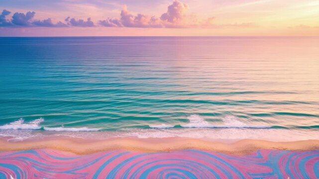Surreal fantasy beach with colorful huts and sand patterns is washed away by ocean waves. A conceptual sequence showing transformation from a dream world to reality at sunrise