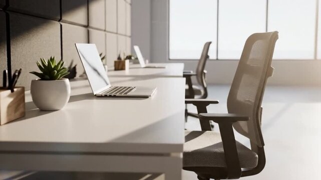 Modern office workspace with bright lighting, minimalist furniture, and plants, promoting productivity and focus