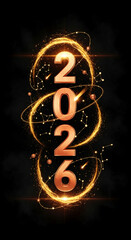 Vertical arrangement of copper-colored 2026 numbers with cosmic dust and constellation graphics, representing futuristic date or upcoming year concept