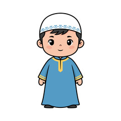 Cheerful Cartoon Boy Wearing Blue Thobe and White Kufi Standing Against Black Background Expressive Big Eyes Flat Design Style