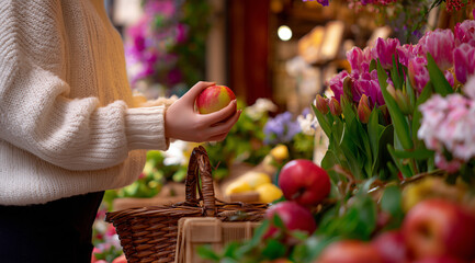 Obraz premium Woman's hand holding a fresh red apple at an outdoor market with flowers