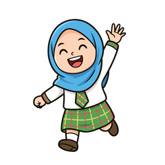 Cheerful Muslim Girl Wearing a Blue Hijab and Plaid Skirt Waving Joyfully in a White Uniform with a Green and Red Trimmed Collar and Tie against a Transparent Background