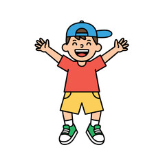 Cheerful Young Boy Wearing A Red T Shirt Yellow Shorts And Blue Baseball Cap With Arms Raised In Excitement Isolated On Black Background