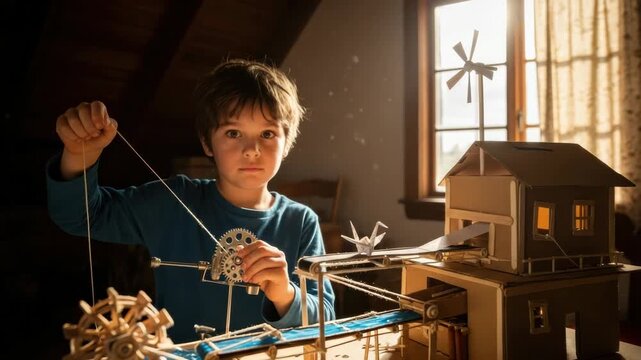Creative caucasian boy operating a complex handmade mechanical model for a school project. Kinetic sculpture demonstrating principles of physics and renewable energy sources