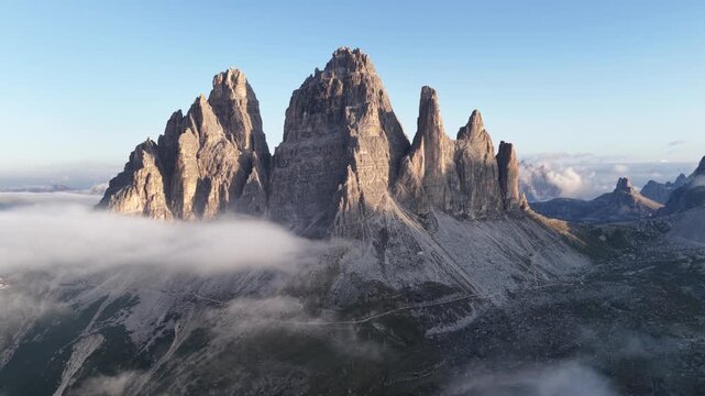 Cinematic aerial video of the Tre Cime mountain in the Italian Dolomites