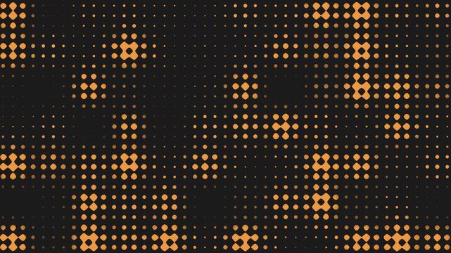 A dynamic black and orange pattern created by overlapping and varied-sized dots forming a circular shape, exuding a sense of motion and vitality