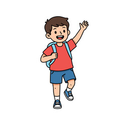A Cheerful Young Boy Wearing a Red Shirt Blue Shorts and Sneakers Carries a Backpack and Waves Happily Against a Transparent Background.