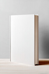 Blank hardcover book standing on wooden table against a soft gray background, ideal for mock up designs and creative projects with copy space