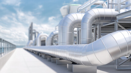 Industrial piping system with shiny metallic tubes extending along a modern facility, showcasing advanced engineering and infrastructure design
