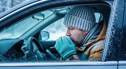 Man sitting in car during winter, warming hands with breath visible, surrounded by snow-covered landscape, conveying cold weather challenges