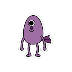 A purple oval cartoon character with one eye and thin legs stands against a black background, rendered in a clean sticker style.