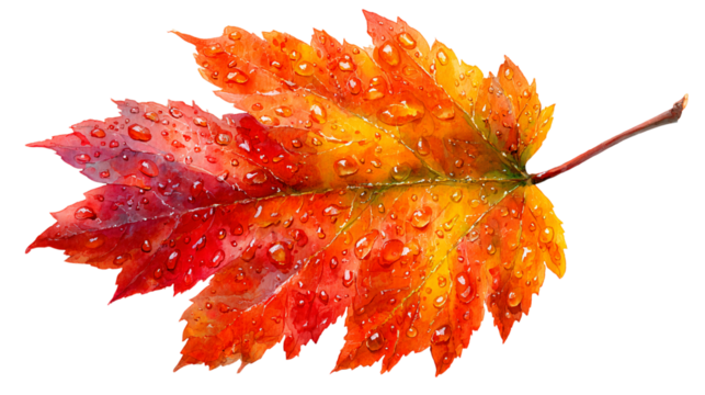 Vibrant watercolor autumn leaf with fresh rain droplets on surface.