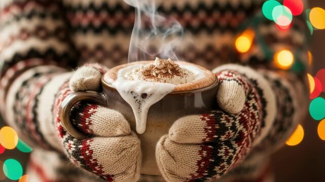 Woman in cozy mittens holding a steaming mug of hot chocolate. Festive winter scene with bokeh lights for a christmas holiday greeting or seasonal web banner