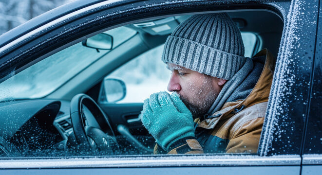 Man sitting in car during winter, warming hands with breath visible, surrounded by snow-covered landscape, conveying cold weather challenges