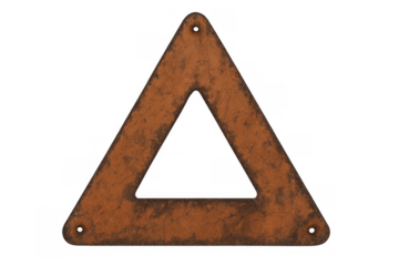 Rusty metal triangle showing textured surface, weathering, and grunge effect, isolated on a transparent background
