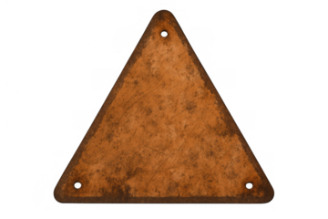 Rusty metal triangle sign blank, industrial weathered grunge surface with holes on transparent background