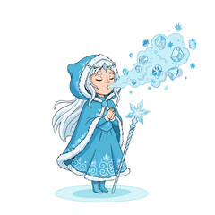 A winter fairy with long white hair wearing a blue hooded cloak and dress embellished with white snowflakes exhales a cloud of ice crystals while holding a snowflake wand in a festive snowy scene