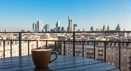 Coffee cup on wooden table with city skyline view in daytime  