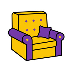 A Yellow Armchair With Purple Accents And A Matching Pillow Against A Black Background Simple Cartoon Style Drawing