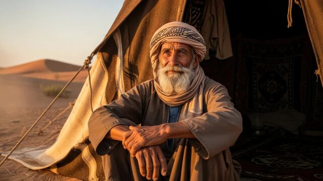 Wise senior bedouin man in traditional clothing resting outside his tent in the desert. Cinematic portrait sequence of a nomadic lifestyle and authentic cultural heritage