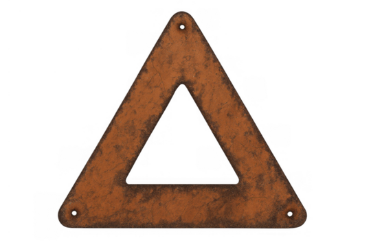 Rusty metal triangle showing textured surface, weathering, and grunge effect, isolated on a transparent background