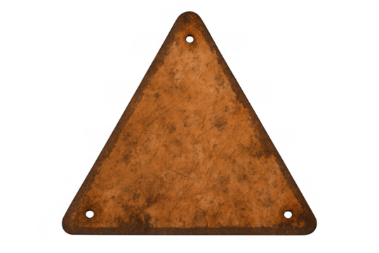 Rusty metal triangle sign blank, industrial weathered grunge surface with holes on transparent background