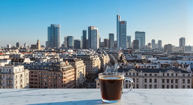 Coffee cup on marble table with city skyline in the background  