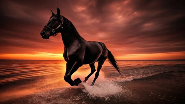 Majestic black stallion running through the water against a dramatic sunset sky. A cinematic composite showing the sequence of motion, symbolizing power, freedom, and grace